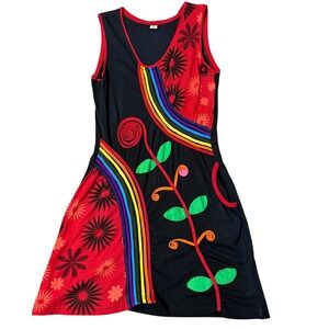 Nepali Gugi Large Cotton Rainbow Floral Applique Sleeveless Boho Tunic Dress